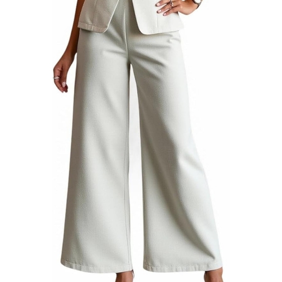 Elegant Cream Women's 2 Piece Business Casual Outfits  Blaze Vest&Wide-Leg Pants - Picture 2 of 4